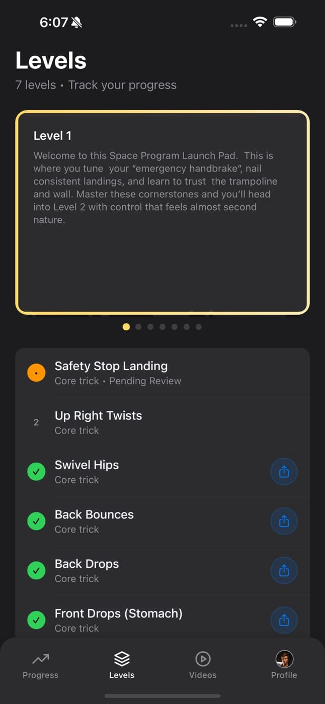 The PROGRESS app's Levels screen: Level 1 and its tricks