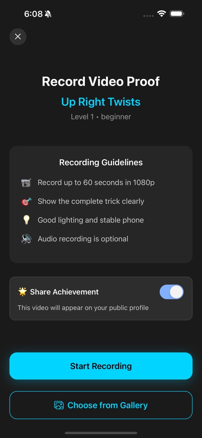 The PROGRESS app's Record video proof screen for Up Right Twists, Level 1
